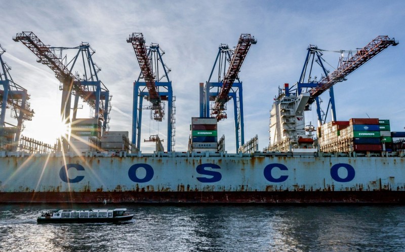 A Chinese container ship is unloaded in the port of Hamburg, Germany, on Oct. 26, 2022.