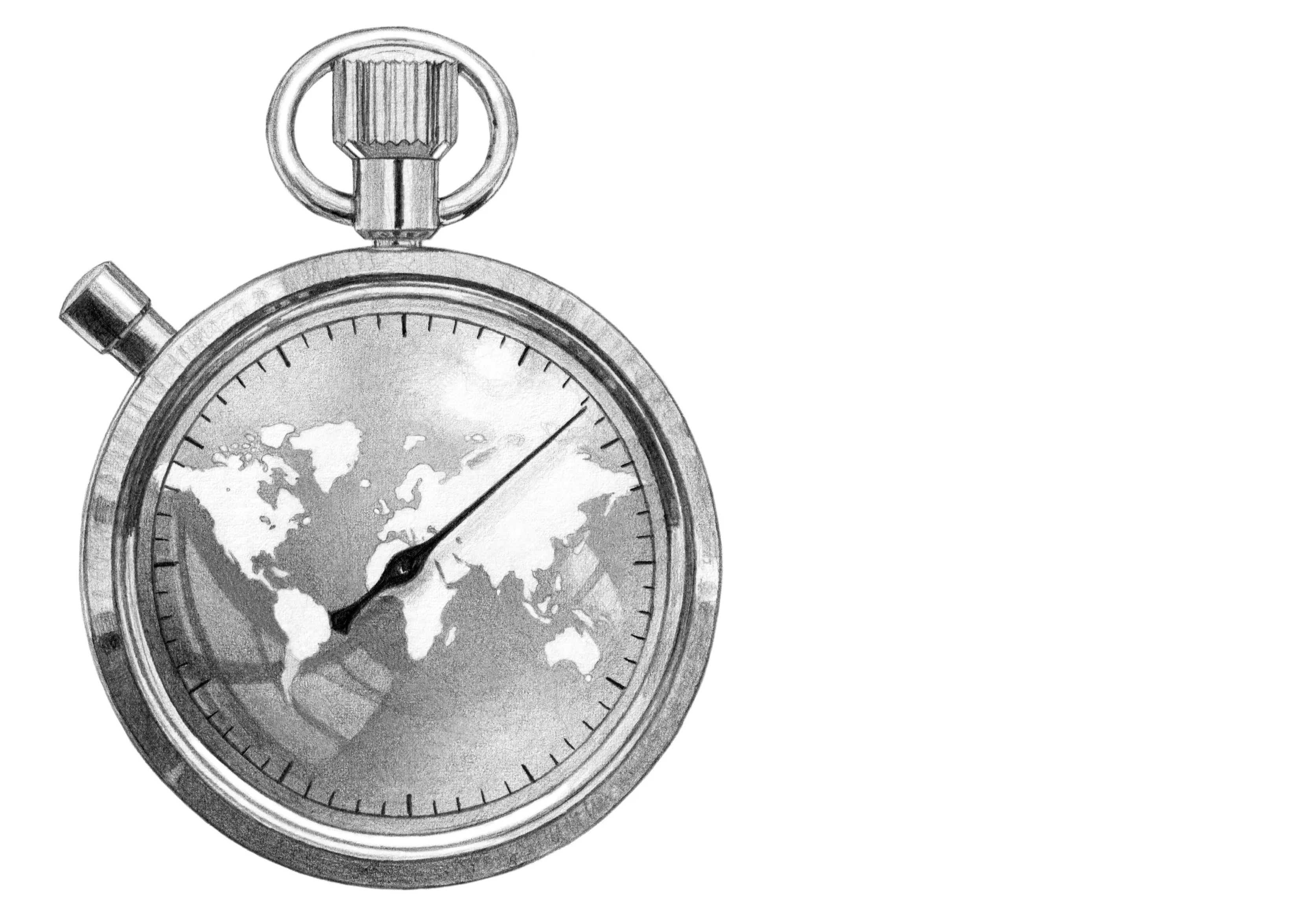 An illustration of a stopwatch with a globe/map motif on the face.